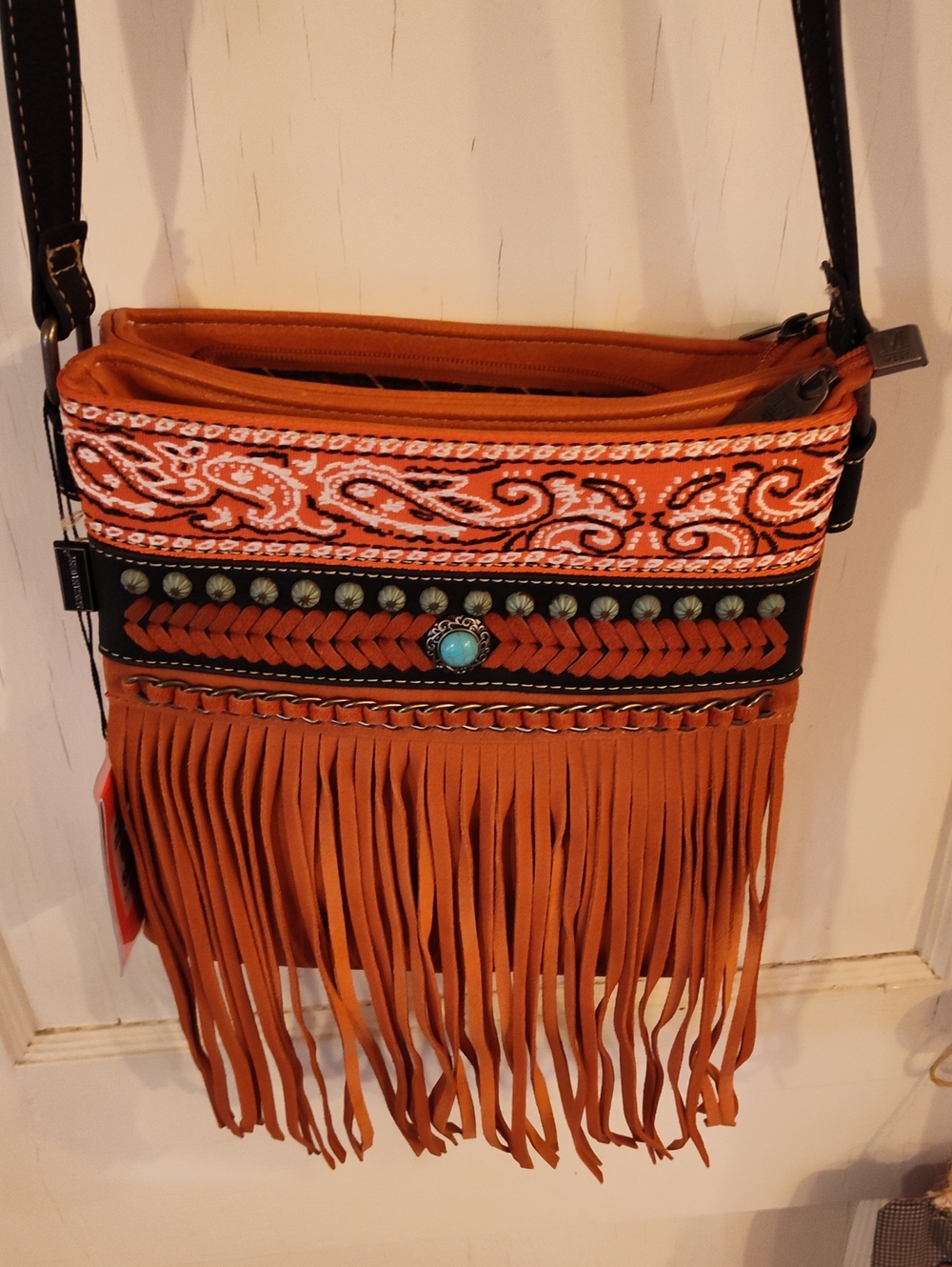 Montana West Crossbody Fringed Bag in Burnt Orange with Western Embroidery